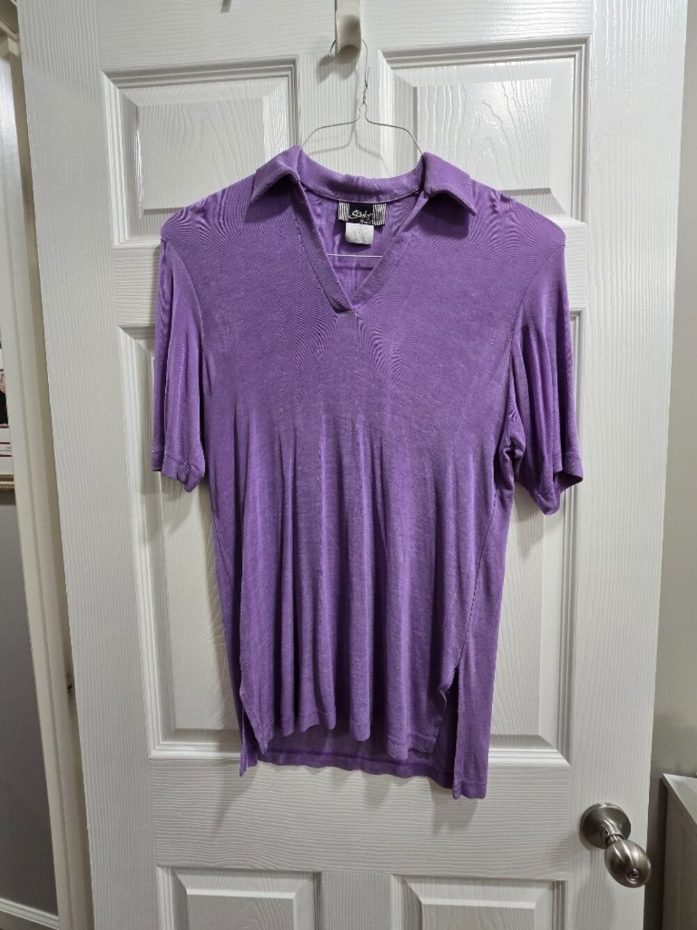 Vintage Slinky Brand Top Blouse Purple SS Vneck XS Hippie Liquid Knit
